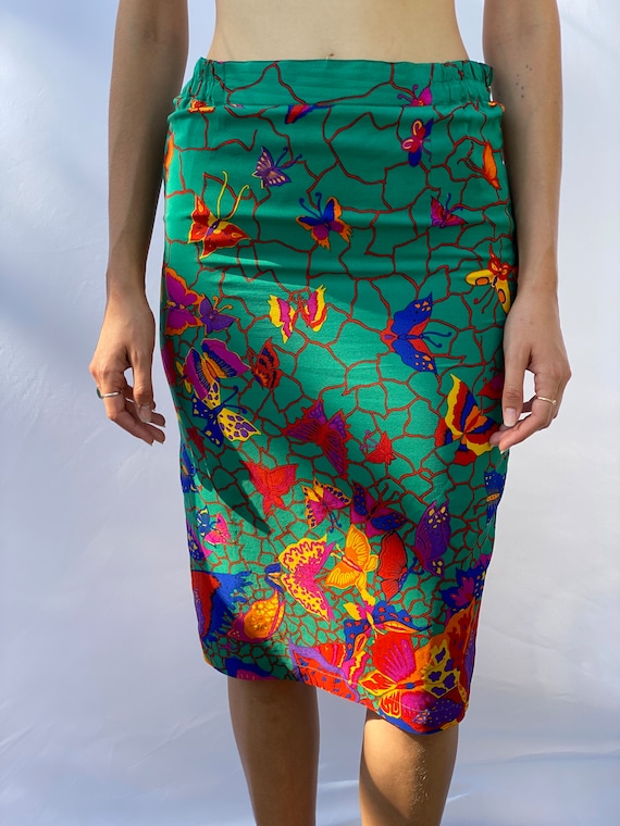 Vintage Silk Printed Skirt / Butterfly 80s Silk Sk