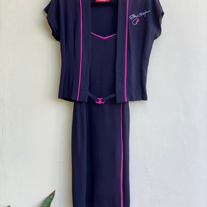 Vintage 70's Cigarette Print Dress / Lip Print Dress / Black Crepe High Pink Slit Dress with Short Sleeve Jacket image 7