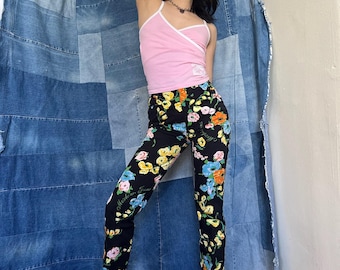 1990's Moschino Jeans / High Waisted Floral Novelty Denim / Black Jeans with Flowers / High Waist Jeans