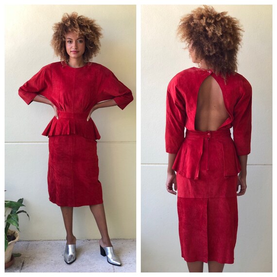 1980s Leather Body Con Dress / Red Suede Leather D
