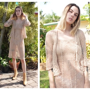 70&#39;s Crochet Dress with Cardigan Set / Sixties Midi dress / Beige Cotton Crochet Dress / Haute hippie / Sheer See Through Dress