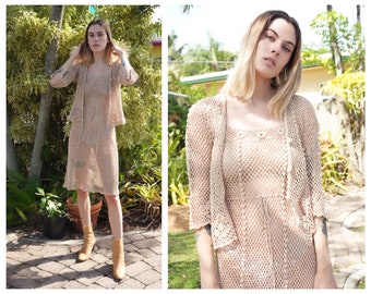 70's Crochet Dress with Cardigan Set / Sixties Midi dress / Beige Cotton Crochet Dress / Haute hippie / Sheer See Through Dress