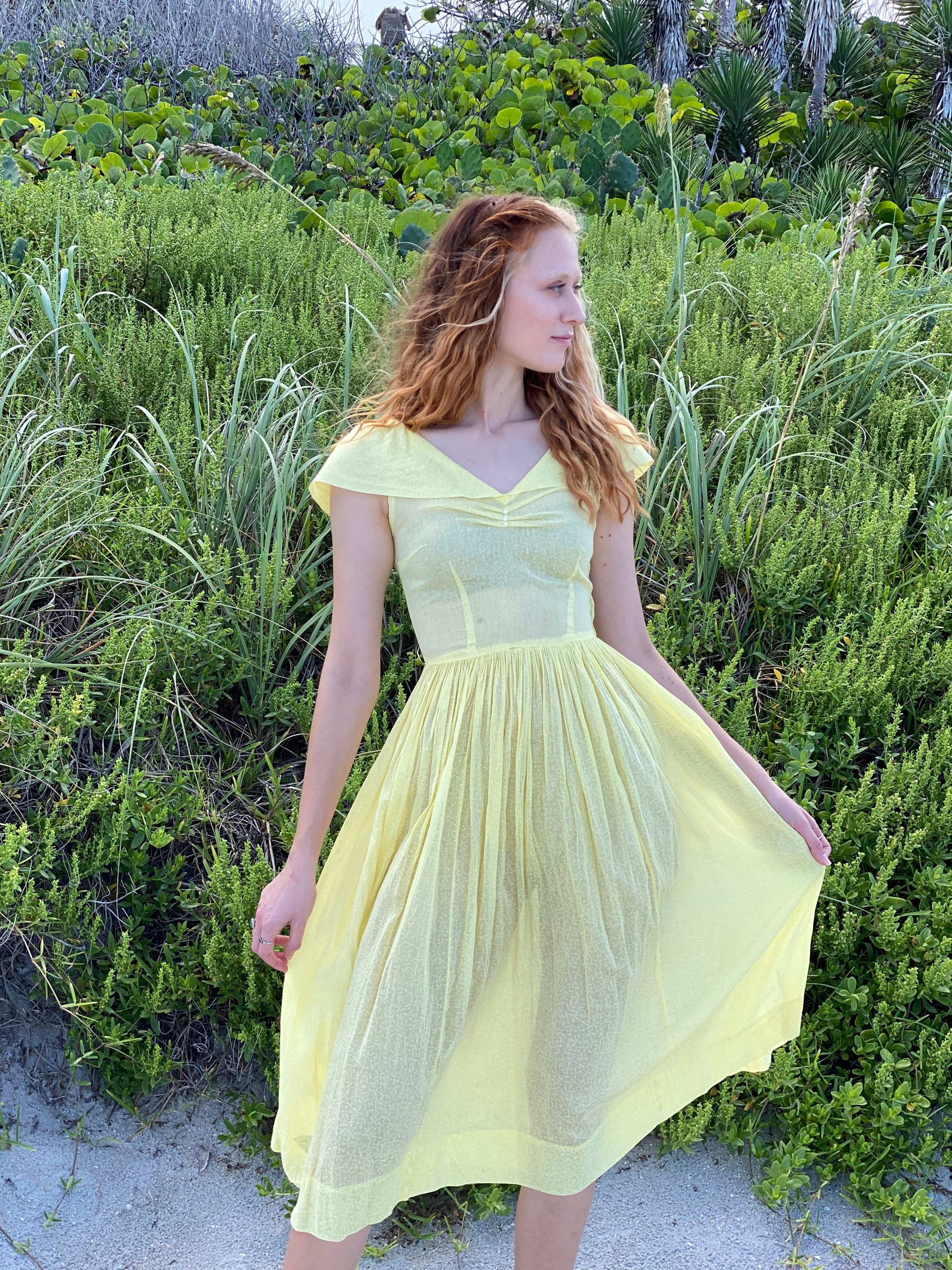 1940s sheer dress 1940's Sheer Dress / Ethereal Garden Party Dress / Yellow Caped Dress /  Cotton See Through Plaid Dress / Bridal Party Dress