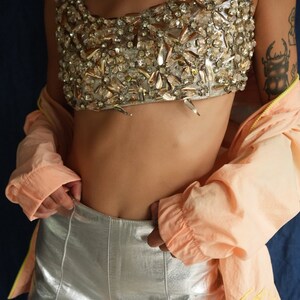 1960s Silver Bejeweled Crop Top / Couture Incredible Heavily Beaded Blouse / Sleeveless Party Top / Cocktail Sixties Party Wear /The Factory image 3