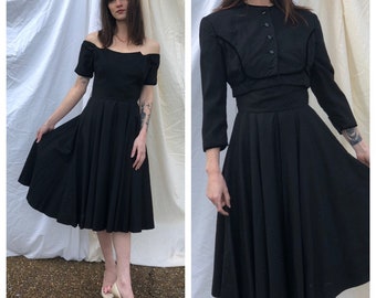 1950's Cotton Dress / Party Dress and Bolero Set / Little Black Dress & Jacket / Off the Shoulder Dress / Unusual Neckline Party Dress