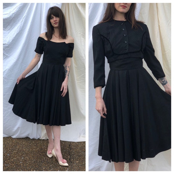 1950's Cotton Dress / Party Dress and Bolero Set / Little Black Dress & Jacket / Off the Shoulder Dress / Unusual Neckline Party Dress