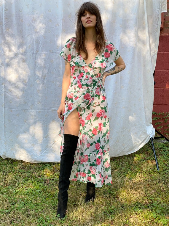 1970's Wrap Dress / Cotton Botanics / Pink and Tea