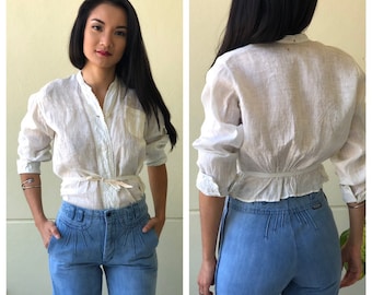 Antique Shirt / Primitive Work Wear / Cream Peasant Top / 1910's Casual Blouse / Very Old Shirt / White Linen / Back Tie Button Front Top