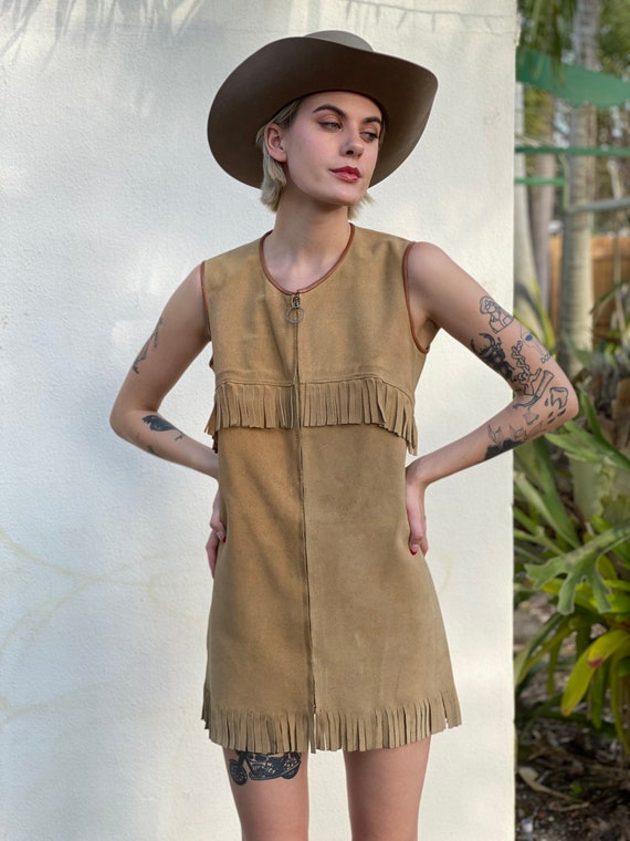 1960s Mini Dress / Suede Leather Fringe Mini Dres… - image 8