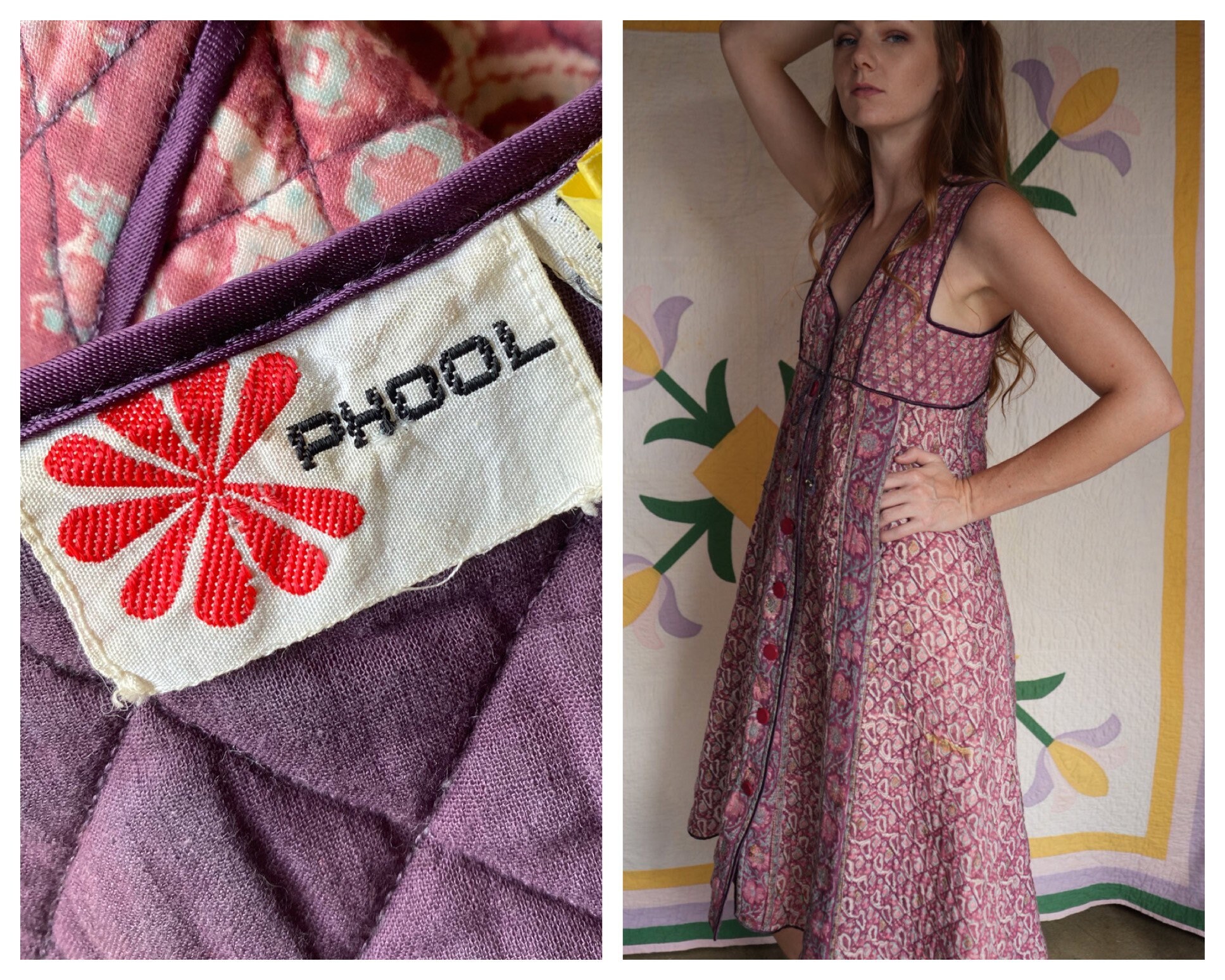Phool Indian Cotton Waist Coat / 1970s Quilted Sleeveless Phool Indian Cotton Waist Coat / 1970s Quilted Sleeveless