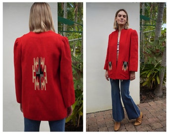 1940's Chimayo wool Jacket / Front Pocket Jacket / Red Southwestern Jacket / Fitted Wool Coat