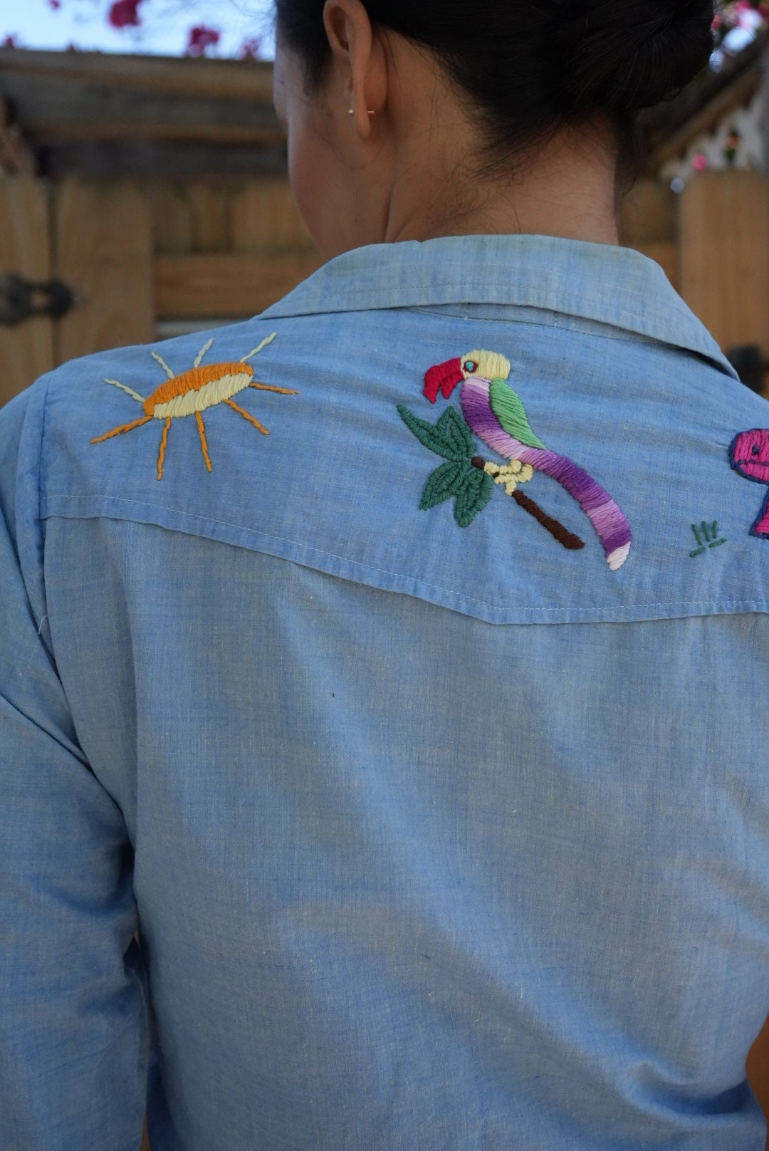 70's Embroidered Chambray Shirt / Sun Parrot Mushroom Flower