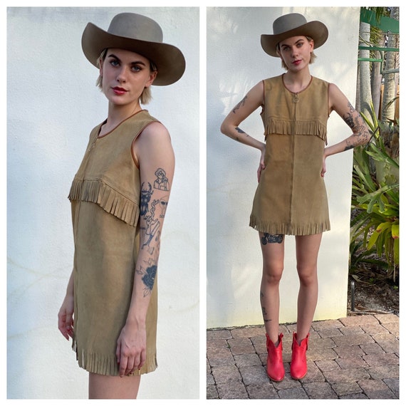 1960s Mini Dress / Suede Leather Fringe Mini Dres… - image 1