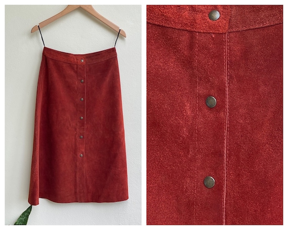 1970's Suede Skirt / Brown Suede Leather Midi Skir