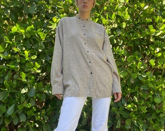 Vintage Embossed 80's Blouse / Button Up 1980's Dragon Printed Shirt / Button Up Shirt / Minimal Slouchy Oversized Shirt