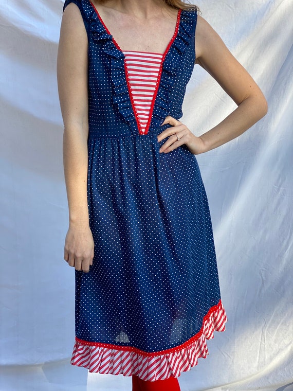 Vintage Summer Dress / Swiss Dotted Blue Red and … - image 4