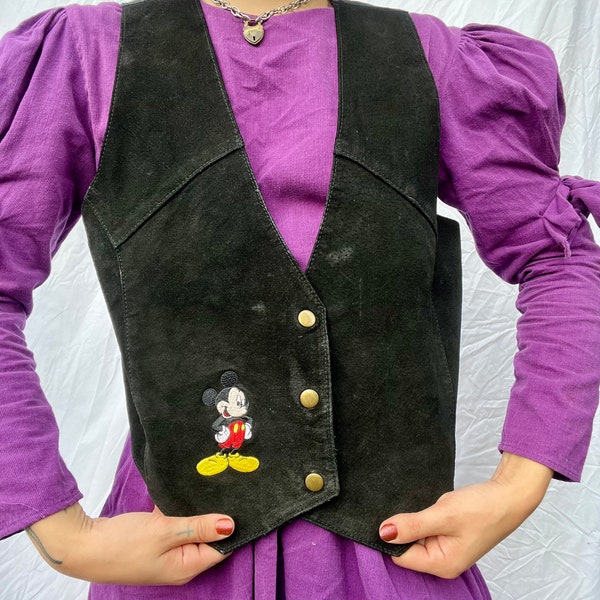 1990's Suede Vest / Mickey Mouse Disney Waist Coat / Sleeveless Leather Jacket Waistcoat Top