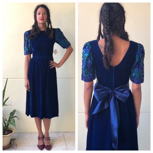 Vintage Velvet Dress / Puffed Sleeve Midi Dress / Blue Crushed Velvet / Haute Hippie Midi Dress / Zig Zag Green and Blue Sequin Dress image 1