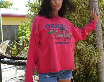 1990's Sweatshirt / BONJOUR Cotton Sweatshirt / Red Pullover / Sweats / Unisex / Gender Neutral