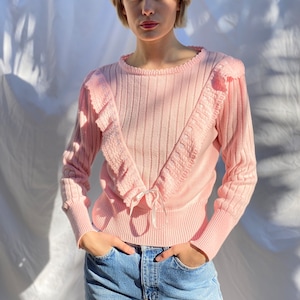 80s Pink Sweater / Ribbon Sweater / Knit 1980's Sweater / Vintage Slim Cut Fit Sweater Knitwear / Baby Pink Cute Sweater image 1