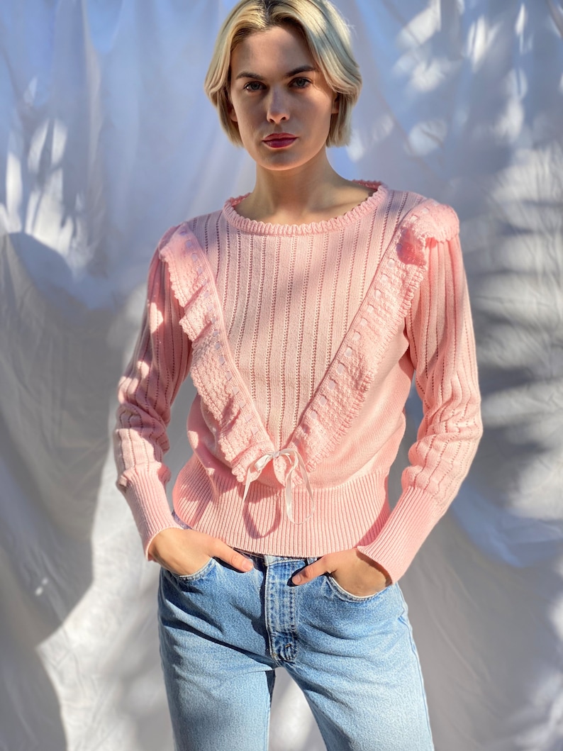 80s Pink Sweater / Ribbon Sweater / Knit 1980's Sweater / Vintage Slim Cut Fit Sweater Knitwear / Baby Pink Cute Sweater image 1