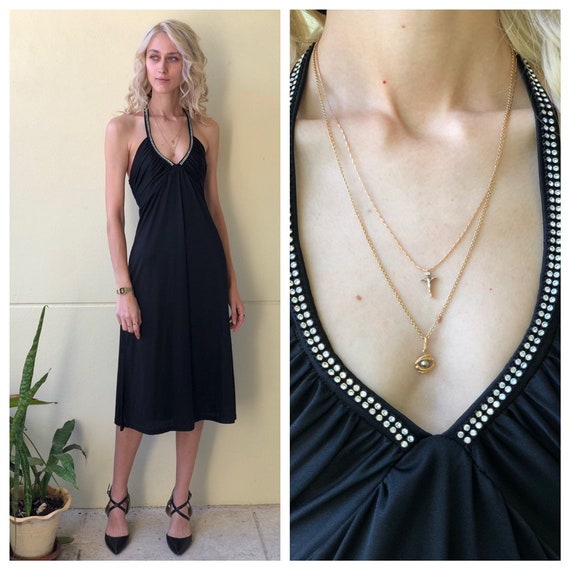 1970's Party Dress / Rhinestone Halter Cocktail Dr