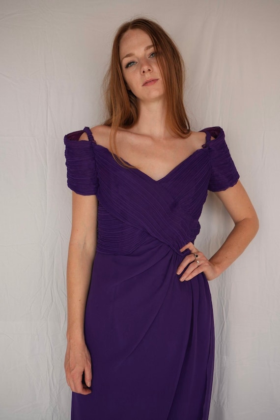 Purple Fortuny Pleated Dress / Eighties Off Shoul… - image 1