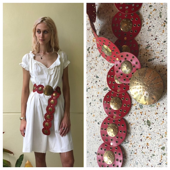 Red Statement Belt / Vintage Leather Belt / Tooled