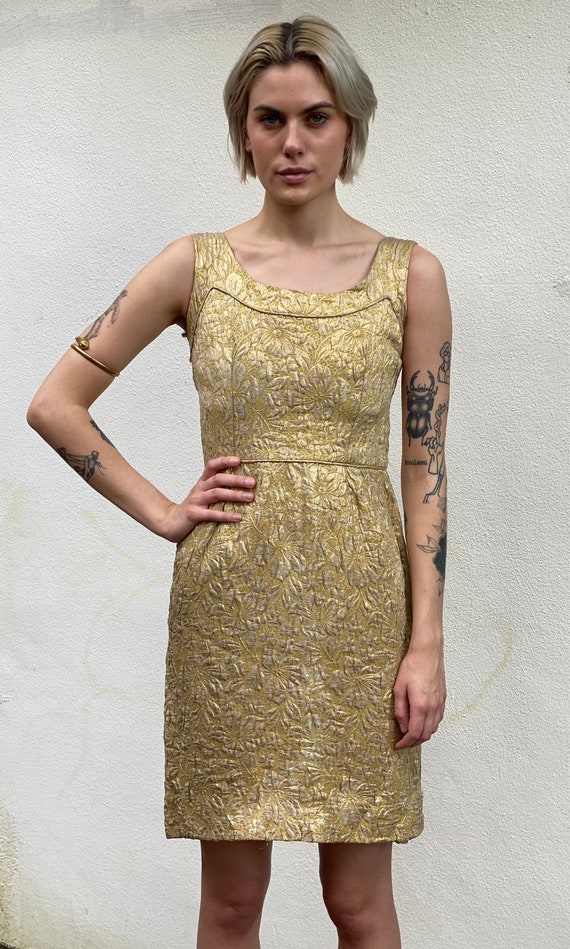 1960's Gold Dress with Lamé Flowers / Golden Part… - image 2