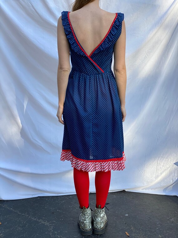 Vintage Summer Dress / Swiss Dotted Blue Red and … - image 2