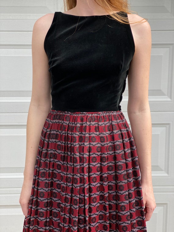 1950s Velvet Dress / Plaid Party Dress / Red & Bl… - image 7