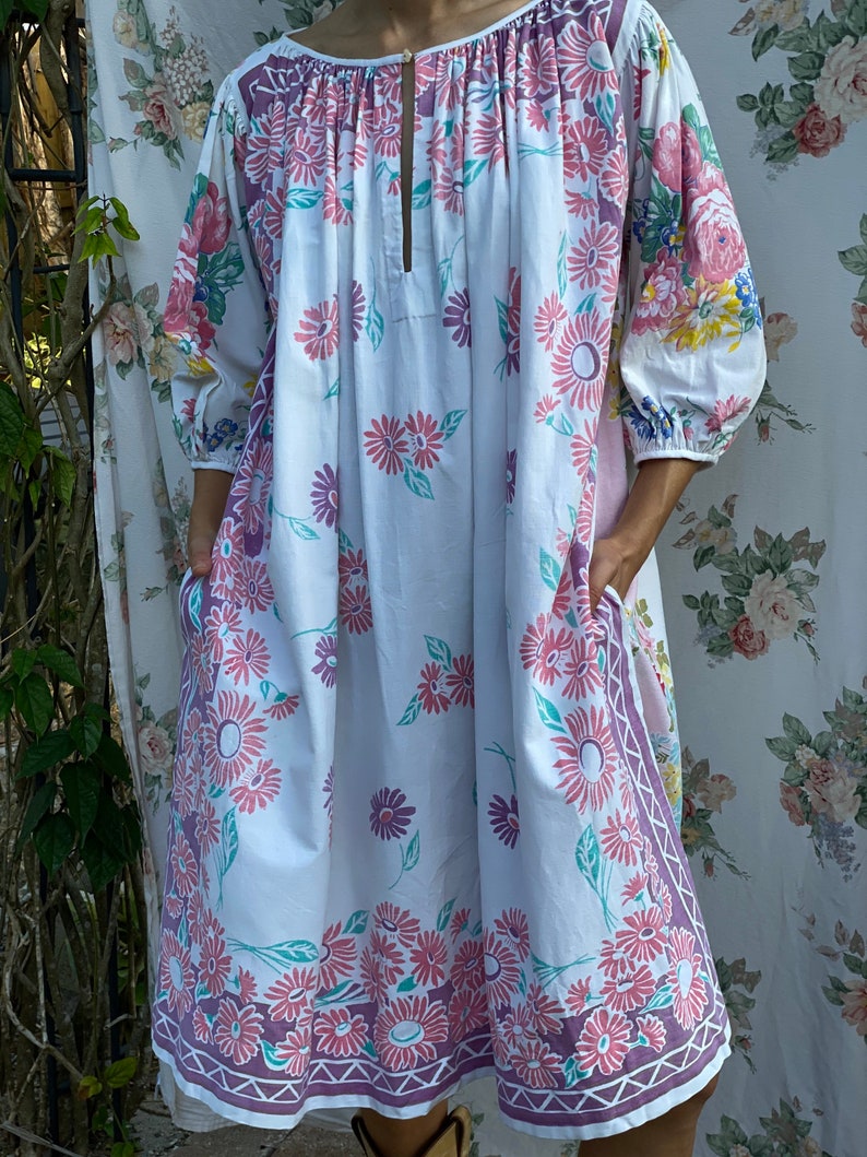 Vintage Novelty Dress / Floral Tablecloth Printed Tunic Balloon Sleeve Dress / Gorgeous Midi Dress / Wedding Guest Dress / Summer Dress image 5