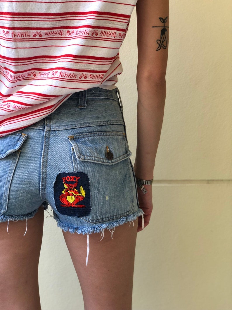 30 Waist Denim Cut Offs FOXY Denim Shorts low Rise Patched Denim Hot Pants Patchwork Light Wash Jean Shorts Fox with a big Heart