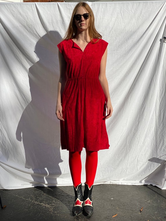 70's Terry Cloth Dress / Red Casual Dress  / Simp… - image 5