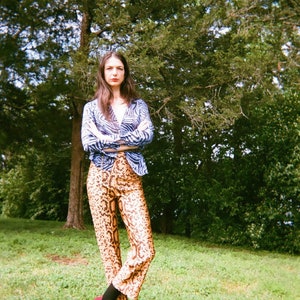 70s Snakeskin Printed Trouser Pants / Sixties Seventies High Waist Pants / Orange and Black Pixelated Novelty Printed Python Pants