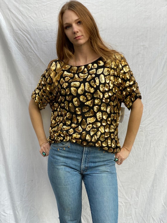 Sequin Silk Blouse / Spotted Leopard Gold and Blac