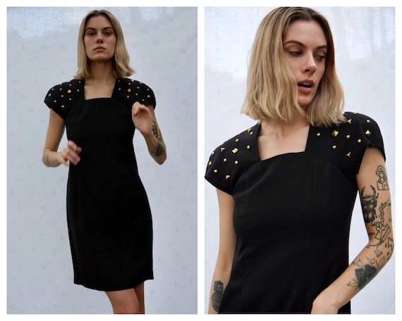 1980s Studded Party Dress / Linen Body Con Dress / Little Black Dress / Gold Studs Nineties Eighties Dress 1980s Studded Party Dress / Linen Body Con Dress / Little Black Dress / Gold Studs Nineties Eighties Dress