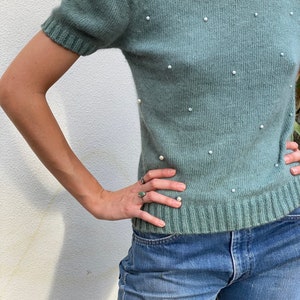Vintage Pearl Sweater / 80's Beaded Fuzzy Sweater / Slouchy Knit Top / Silk Angora Ramie Knit Top / Secretary Sweater image 5