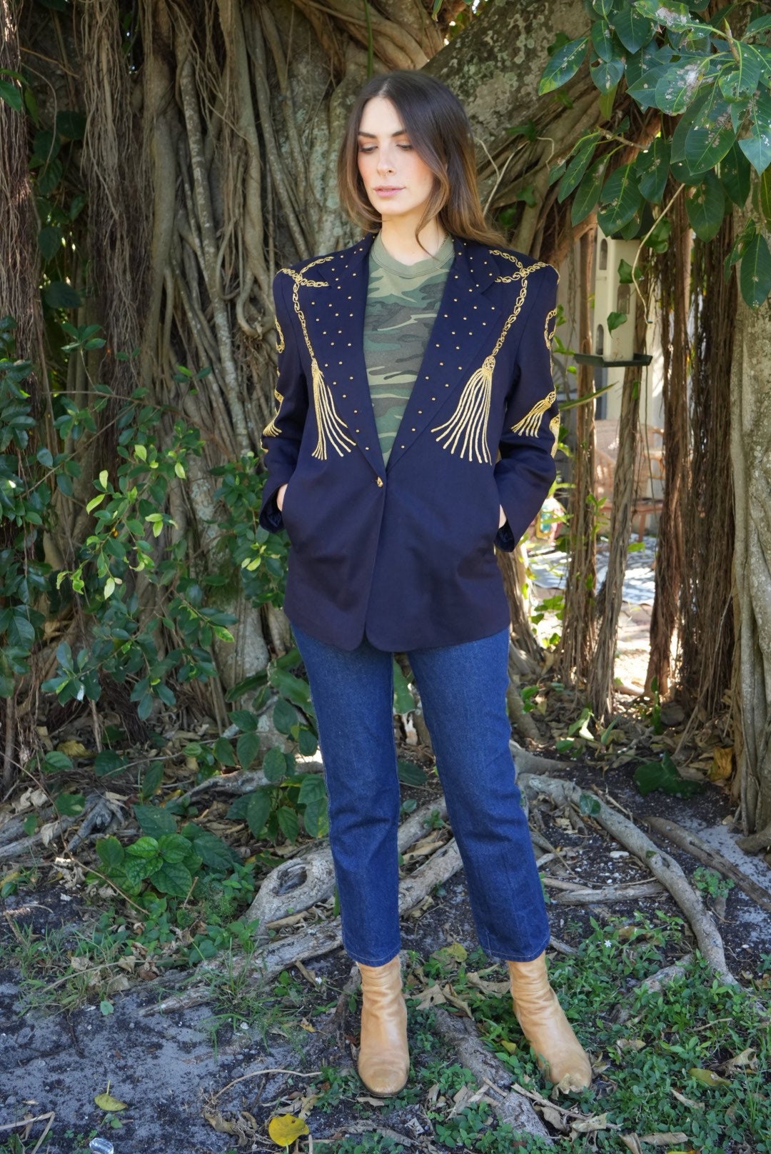 80's Linen Jacket / Gold Embroidery Rope and Tassels With