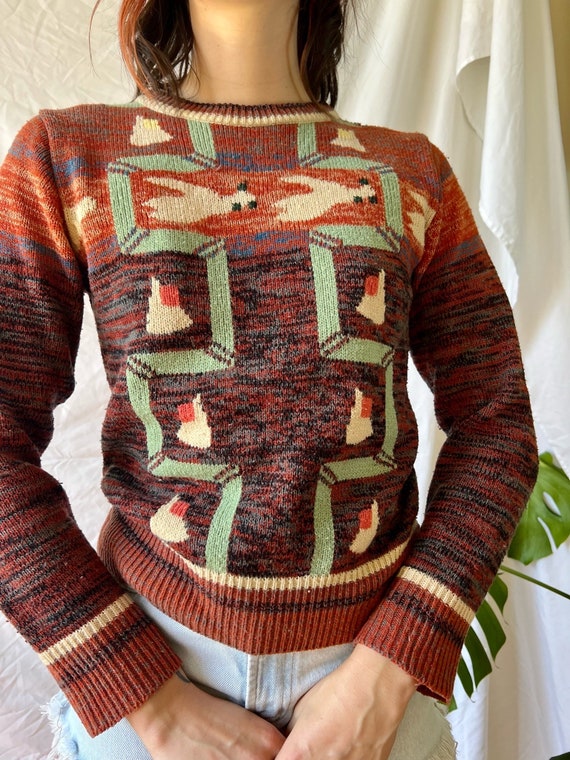 70's Duck Sweater / Acrylic Knit Top / Bird Intar… - image 5