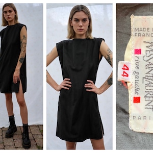 Yves Saint Laurent Dress / Pinstripe Wool Shift Sleeveless Dress / Workwear with Side Slit / Rive Gauche YSL Dress