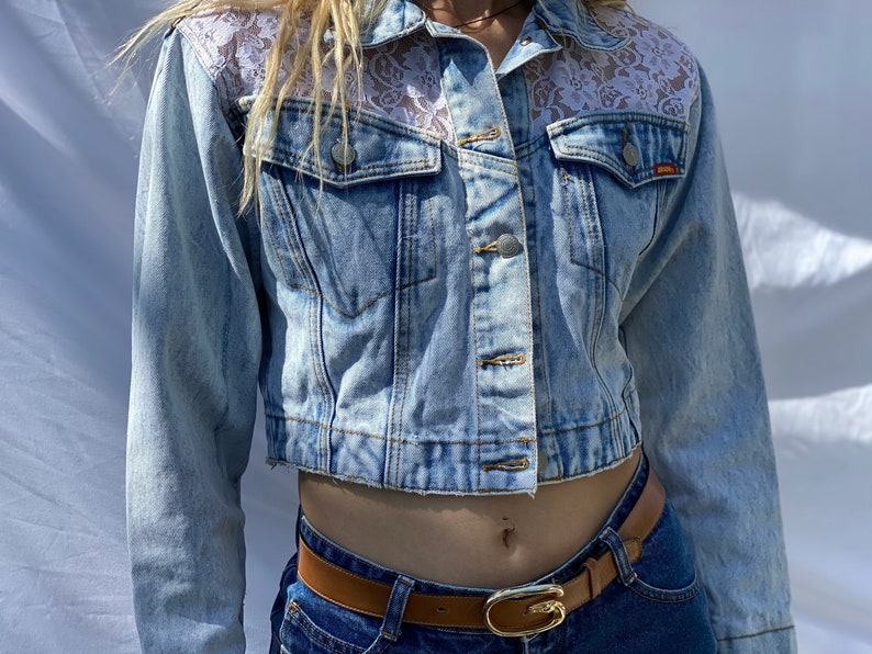 1990's Denim Jacket / Bleached Out Denim / Varsity Jacket / Cropped jean Jacket With Lace / Acid Wash Jean Jacket image 1