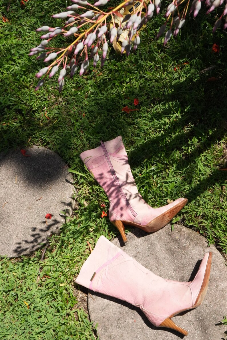 Size 5 US / y2k Pink Leather Pointed Toe Boots / Mid Calf Booties / On Trend Boots image 5