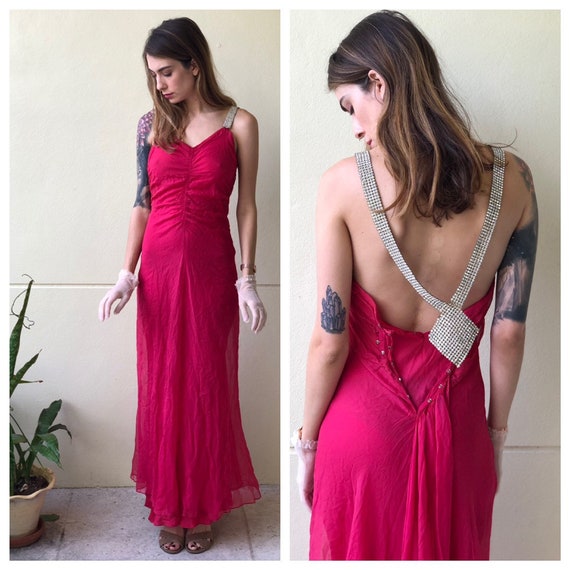 1930s Evening Gown / Magenta Tissue Silk Chiffon a