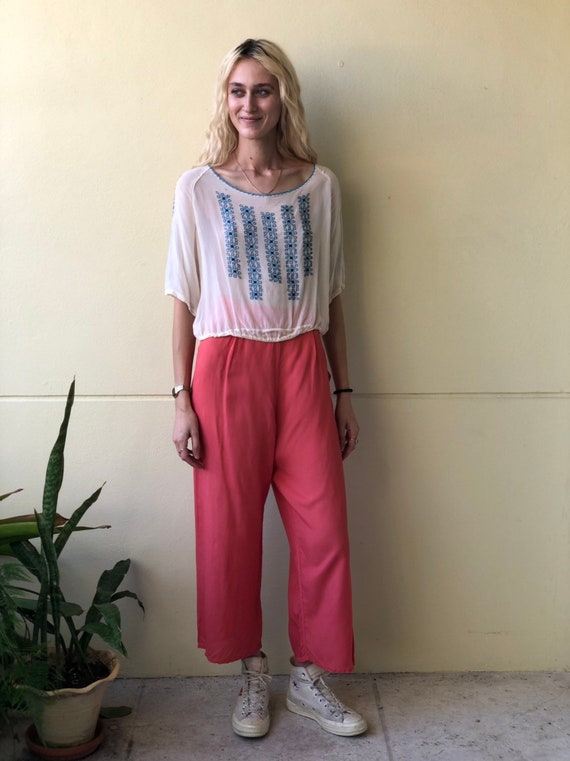 1940's Embroidered Peasant Blouse / Two Tone Blue