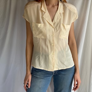 Vintage Silk Blouse / Deadstock New with Tags / Cream Silk Blouse shoulder bands / Button Up Blouse / Power Shoudlers / Collar Shirt