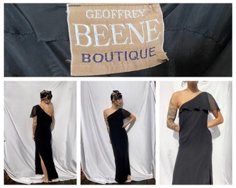 70's Cocktail Dress by Geoffrey Beene Boutique / 1970's Silk Chiffon Slinky Draped One Shoulder Evening Gown with High Side Slit