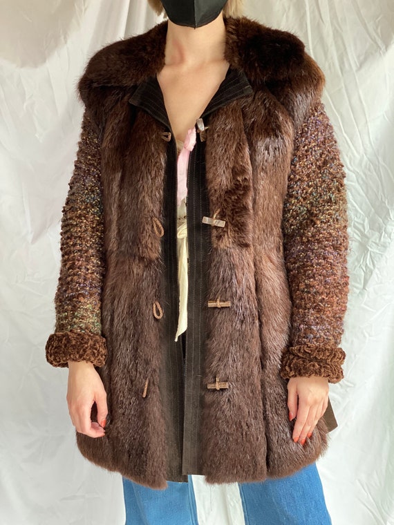 1980s Fur and Chenille Knit Coat / Brown Seventie… - image 7