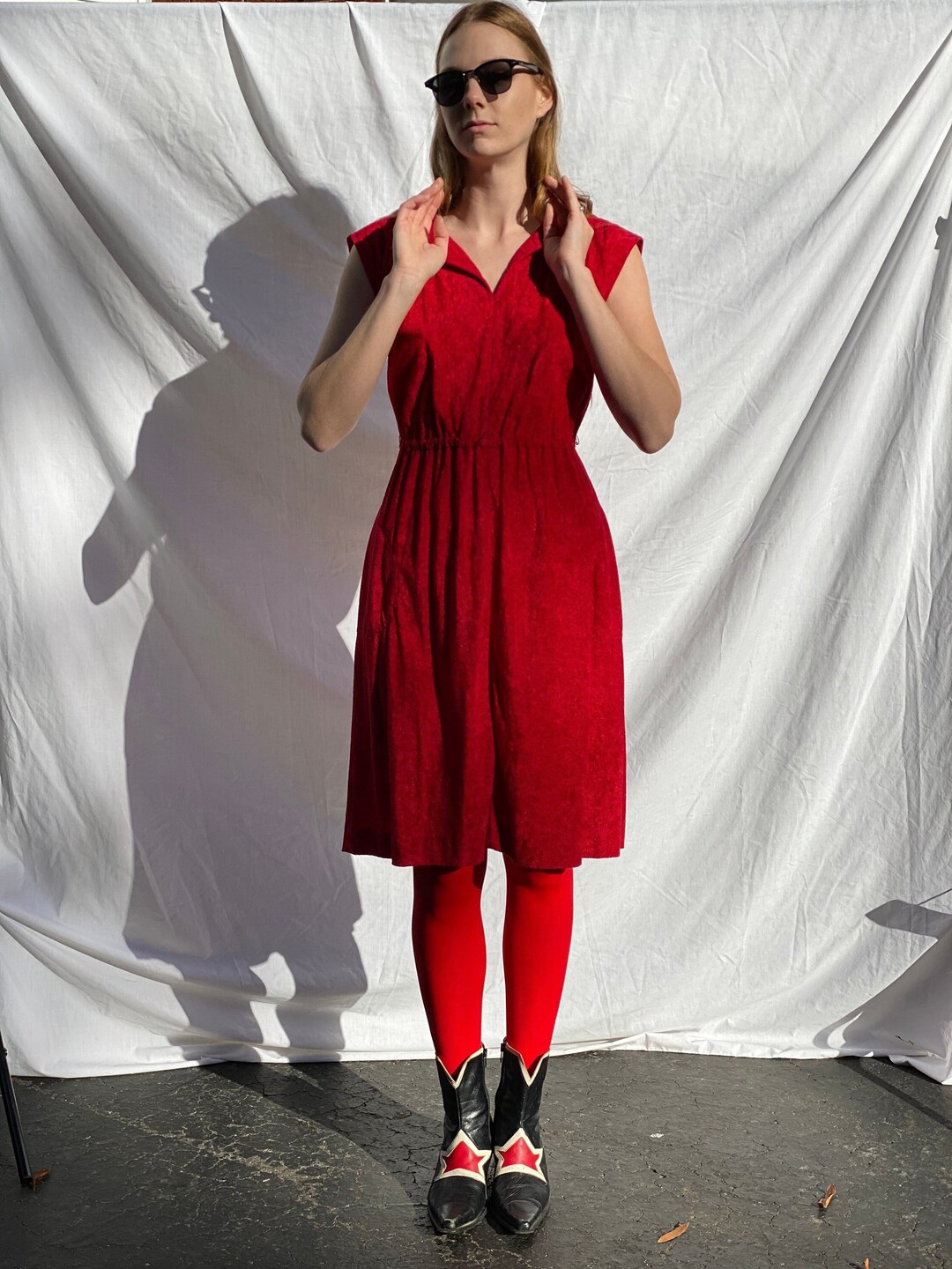 70's Terry Cloth Dress / Red Casual Dress / Simple Dress / Seventies