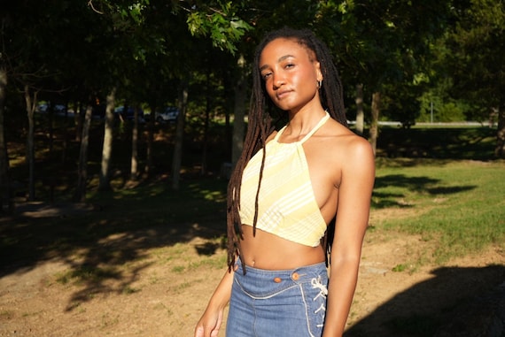1970 s Halter Top Yellow Stripe Cotton Crop Top Vintage Backless Shirt Sun Top Seventies Festival Shirt Flower Child Etsy UK